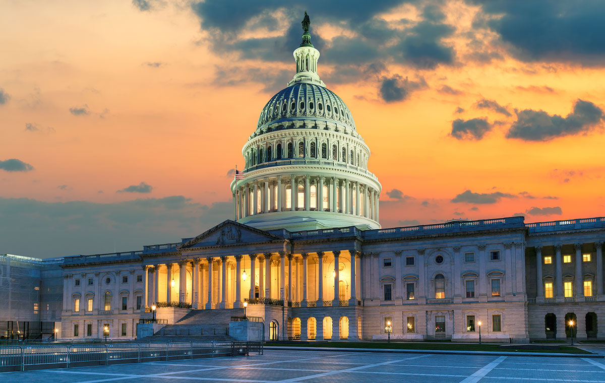 US Capitol Building at sunset with American flags. Discover the bills introduced in 2021 to strengthen child abuse laws.